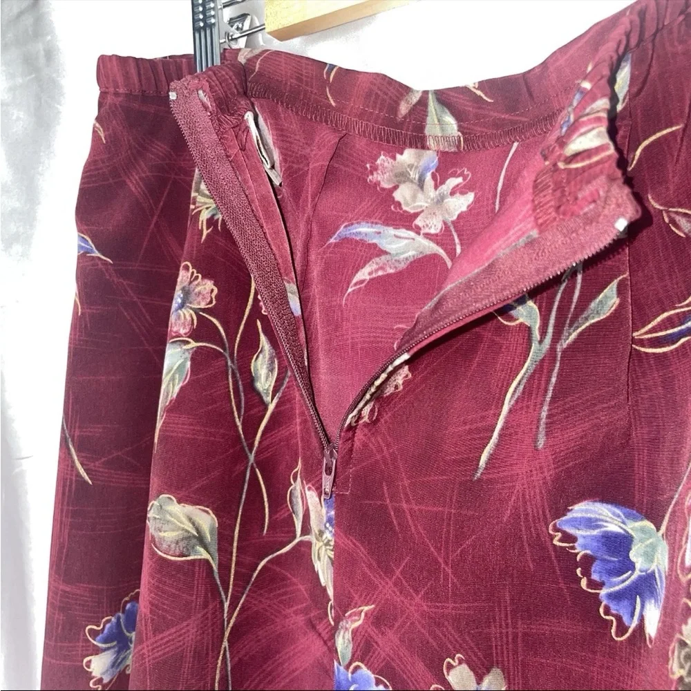 Wine Red Whimsigoth Botanical Floral Print Aline Midi Skirt Size 14